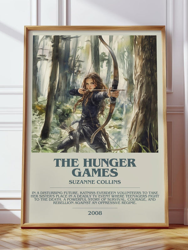 Hunger Games bookish print in frame leaning in hallway – dystopian wall art