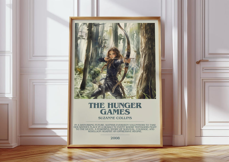 Hunger Games bookish print in frame leaning in hallway – dystopian wall art