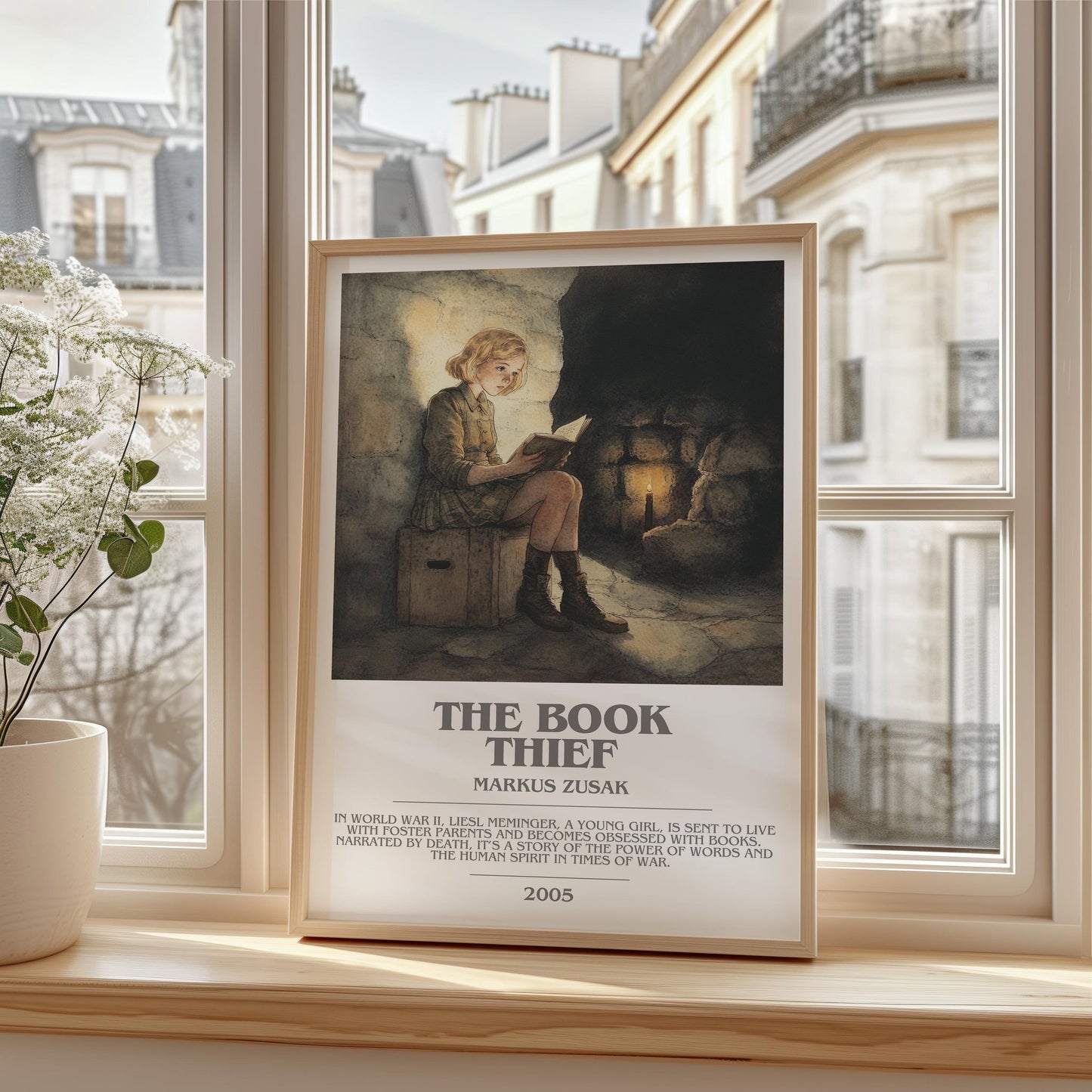 The Book Thief bookish print framed by window – literary home decor