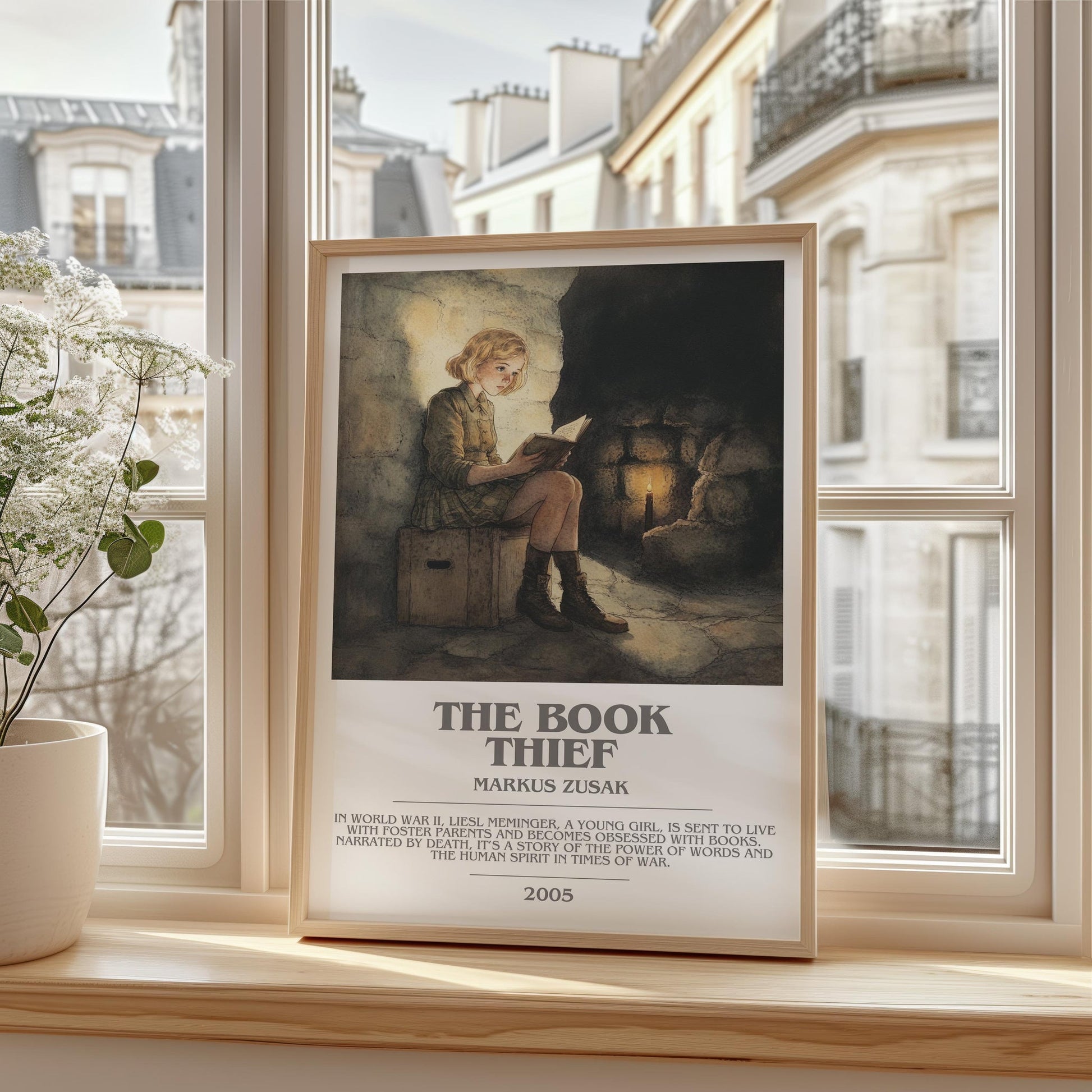 The Book Thief bookish print framed by window – literary home decor