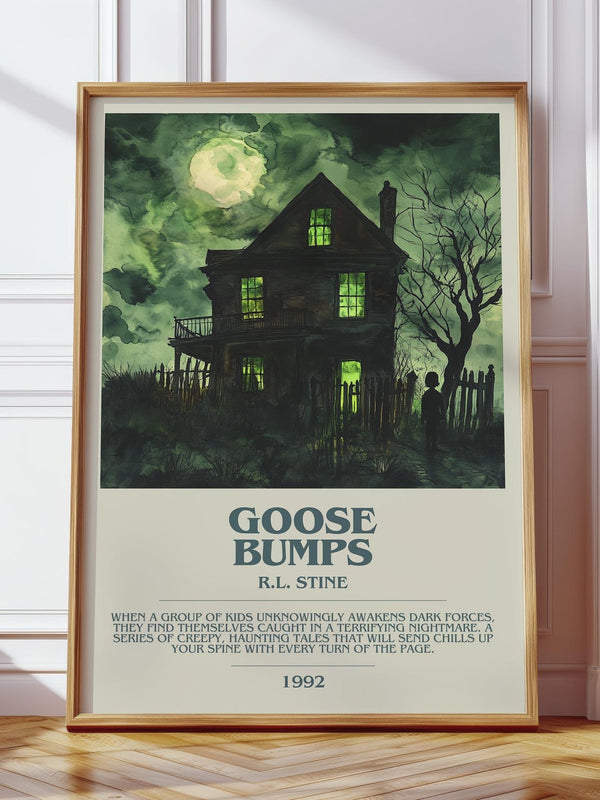 Goosebumps bookish print in frame leaning in hallway – childrens wall art