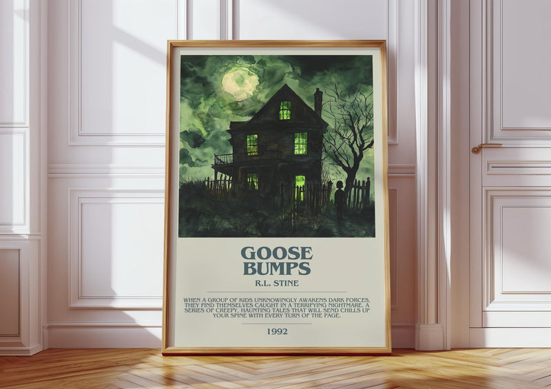 Goosebumps bookish print in frame leaning in hallway – childrens wall art