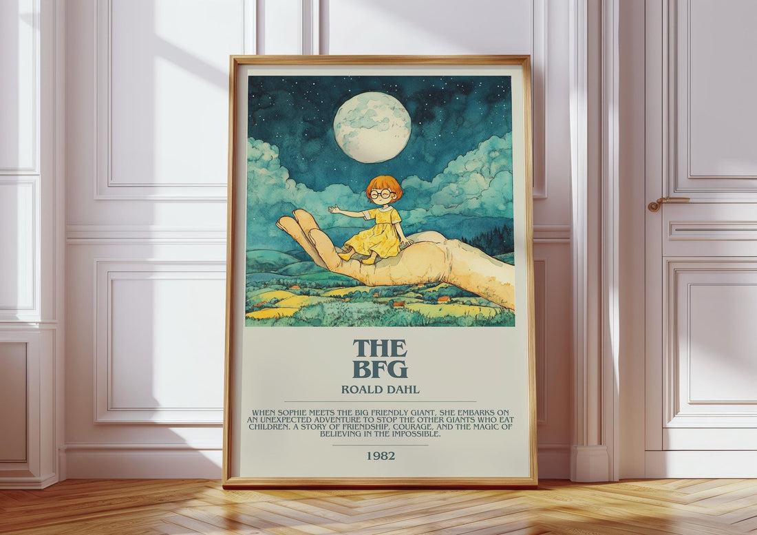 The BFG bookish print in frame leaning in hallway – childrens wall art (mockup)