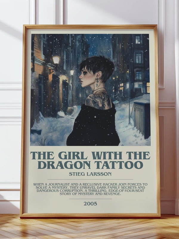 The Girl with the Dragon Tattoo bookish print in frame leaning in hallway – crime wall art