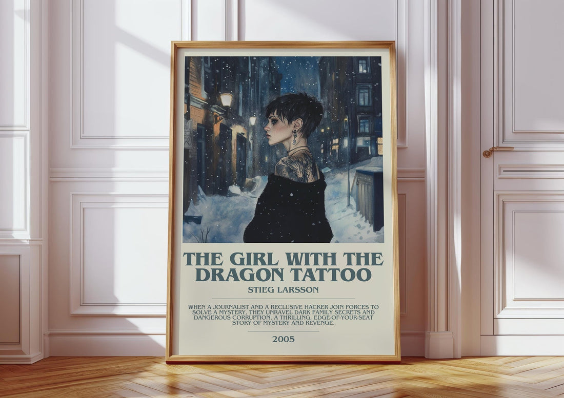 The Girl with the Dragon Tattoo bookish print in frame leaning in hallway – crime wall art (mockup)