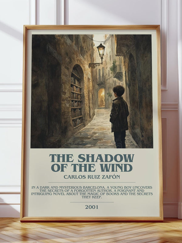 The Shadow Of The Wind bookish print in frame leaning in hallway – gothic wall art