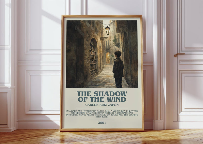The Shadow Of The Wind bookish print in frame leaning in hallway – gothic wall art