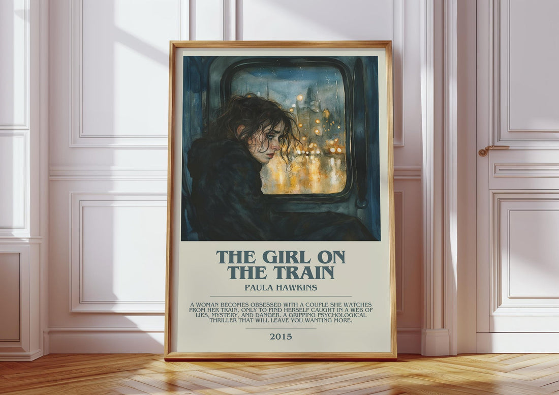 The Girl on the Train bookish print in frame leaning in hallway – thriller wall art (mockup)