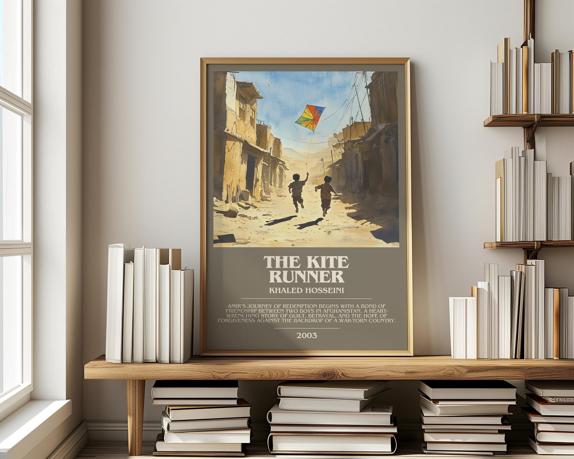 The Kite Runner bookish print on bookshelf – Khaled Hosseini fan gift