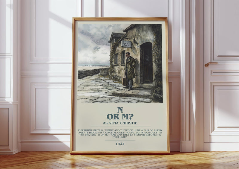 N Or M? bookish print in frame leaning in hallway – mystery wall art