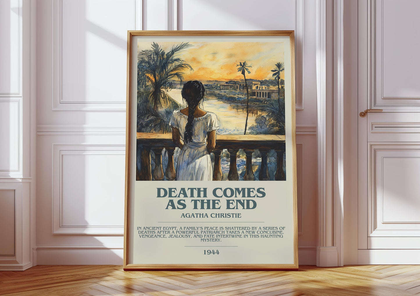 Death Comes as the End bookish print in frame leaning in hallway – mystery wall art