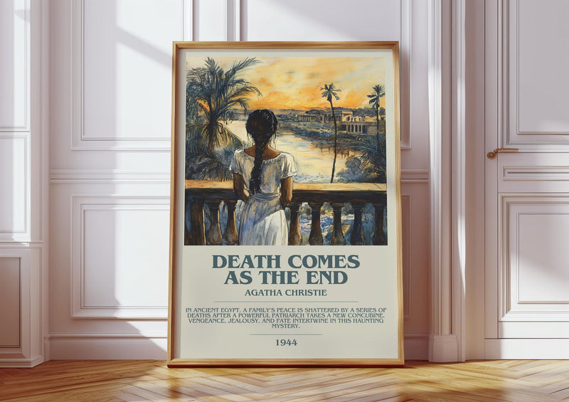 Death Comes as the End bookish print in frame leaning in hallway – mystery wall art