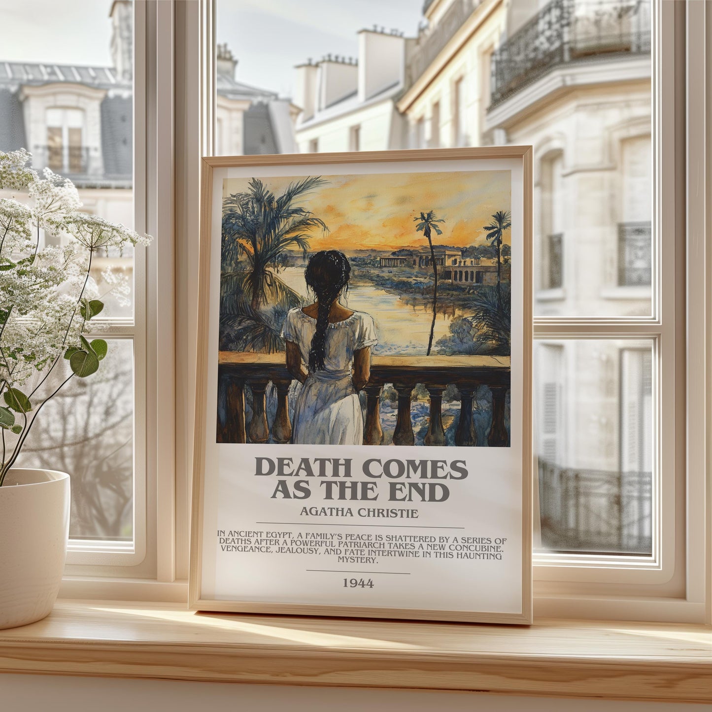 Death Comes as the End bookish print framed by window – literary home decor
