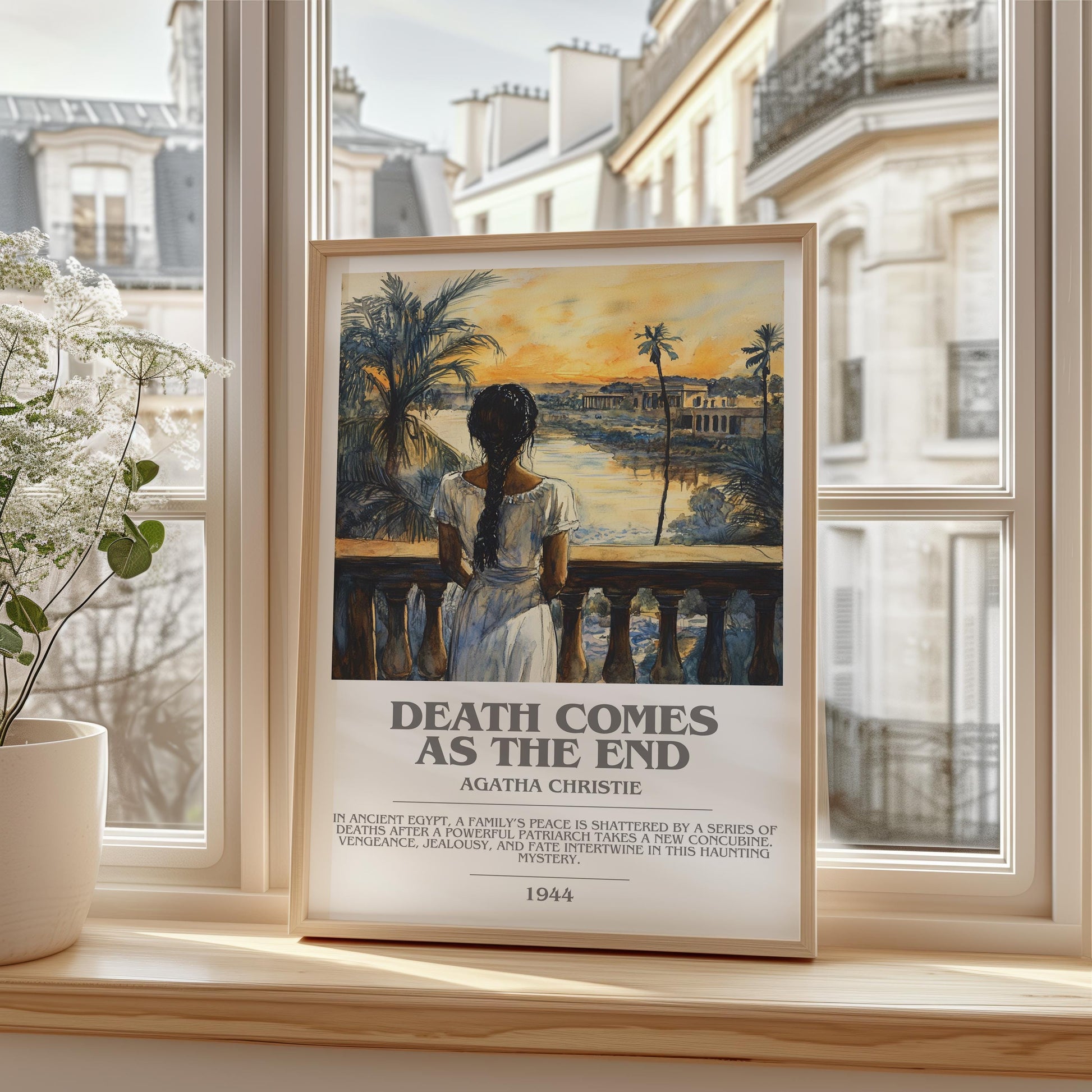 Death Comes as the End bookish print framed by window – literary home decor