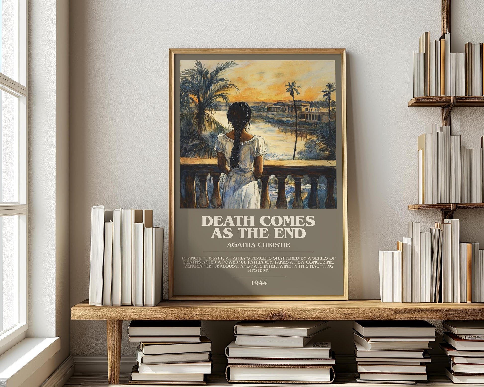 Death Comes as the End bookish print on bookshelf – Agatha Christie fan gift
