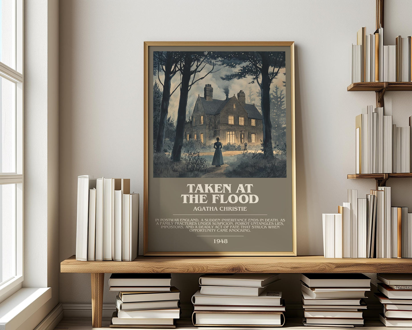 Taken at the Flood bookish print on bookshelf – Agatha Christie fan gift