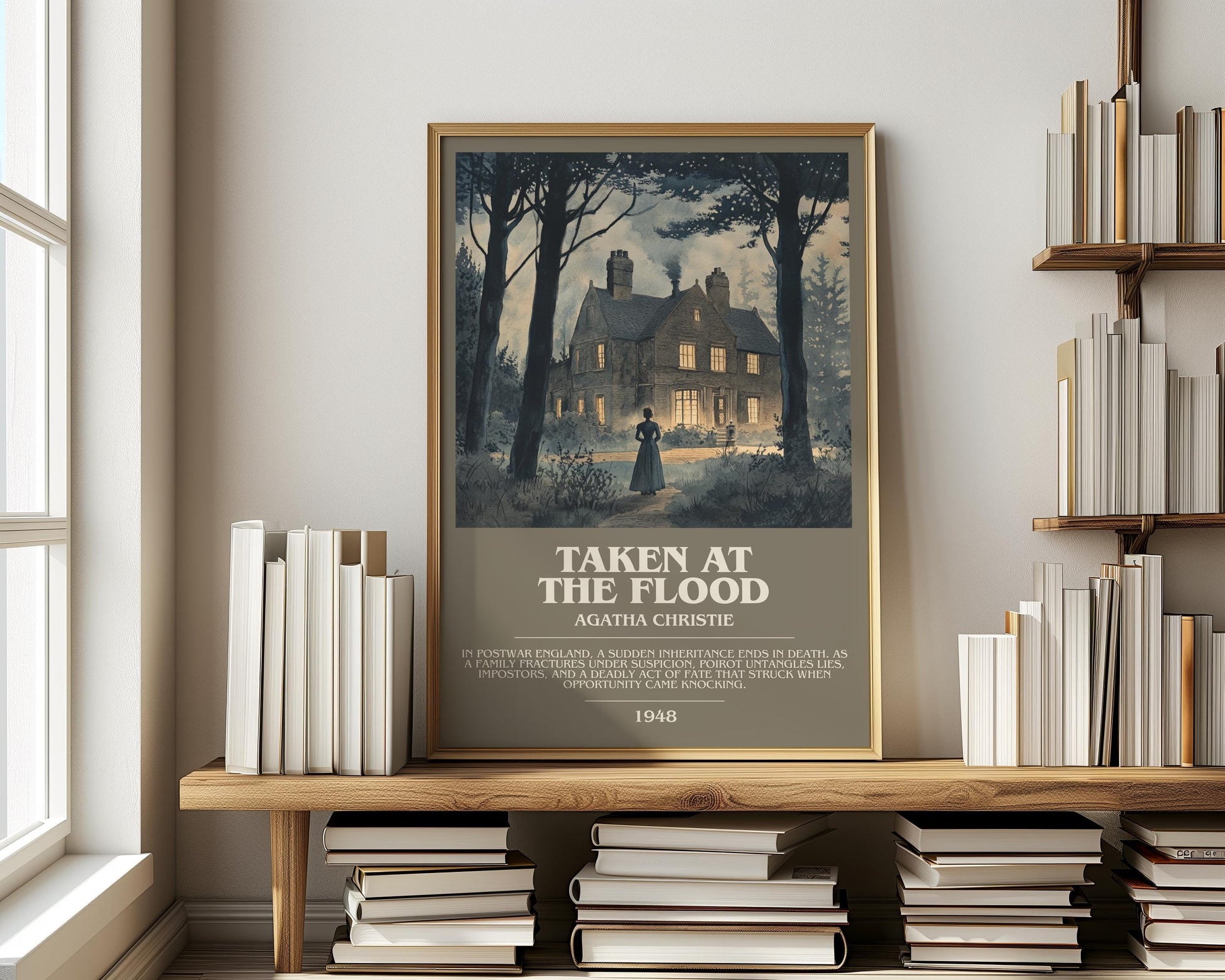 Taken at the Flood bookish print on bookshelf – Agatha Christie fan gift