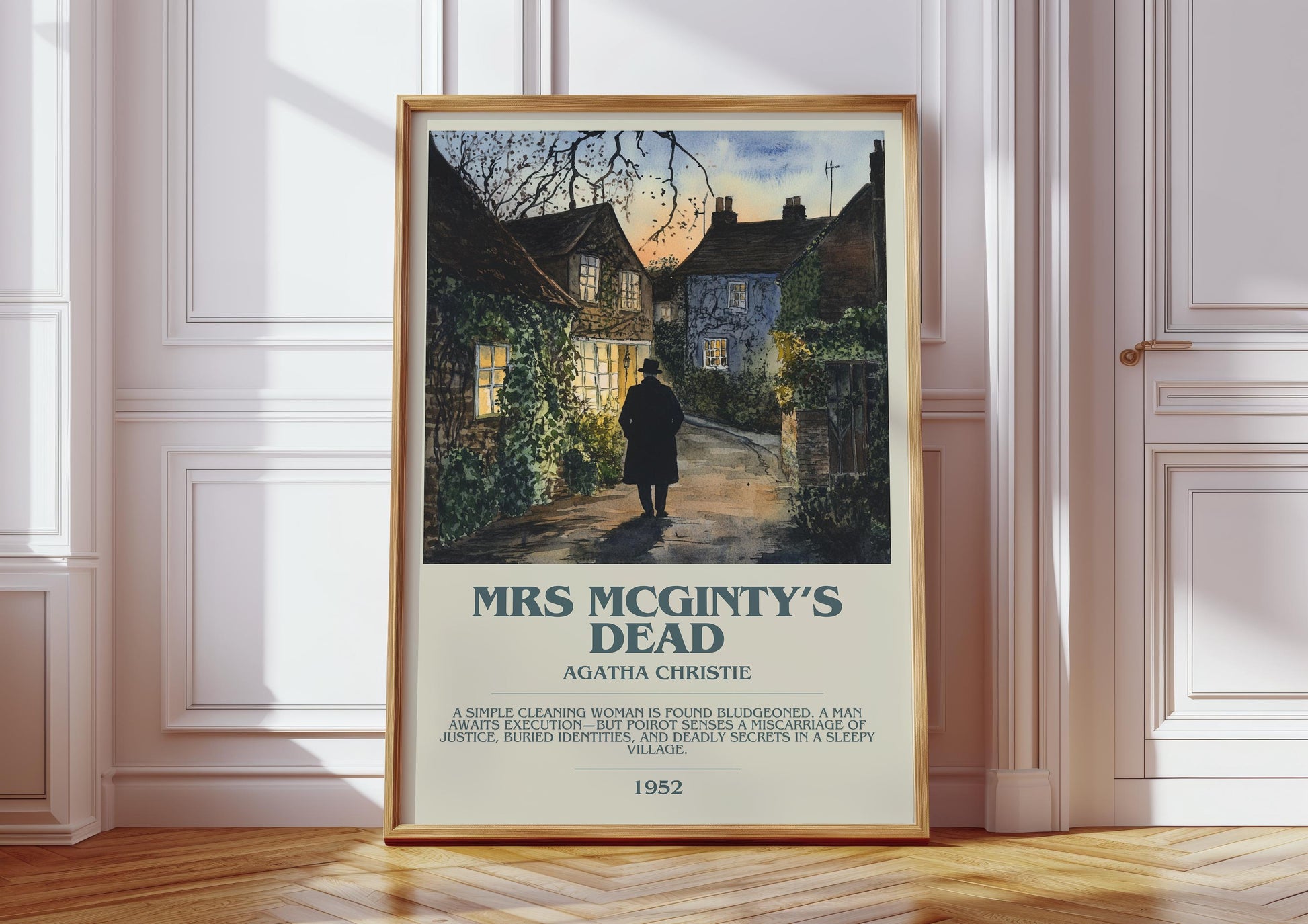 Mrs McGinty's Dead bookish print in frame leaning in hallway – mystery wall art