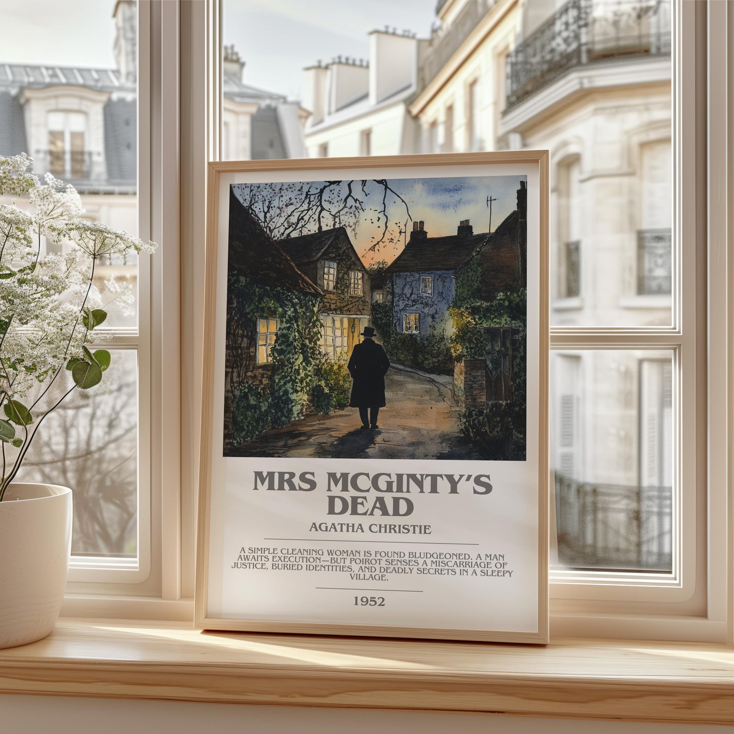 Mrs McGinty's Dead bookish print framed by window – literary home decor
