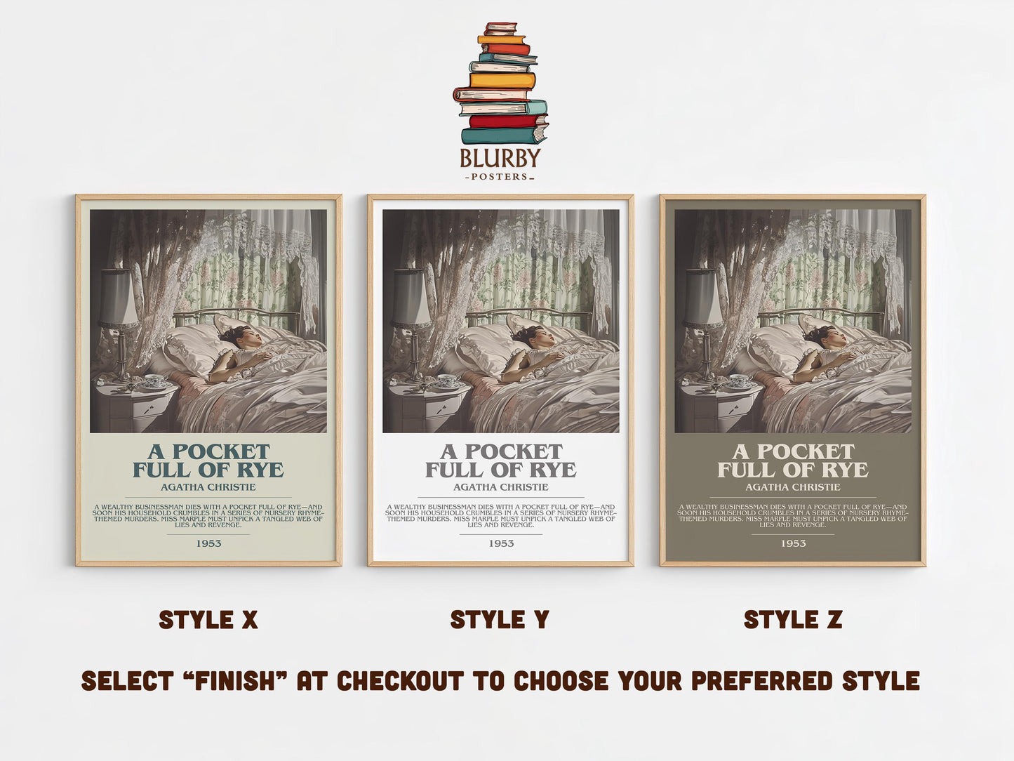 A Pocket Full of Rye bookish poster colour and style options – Agatha Christie book art