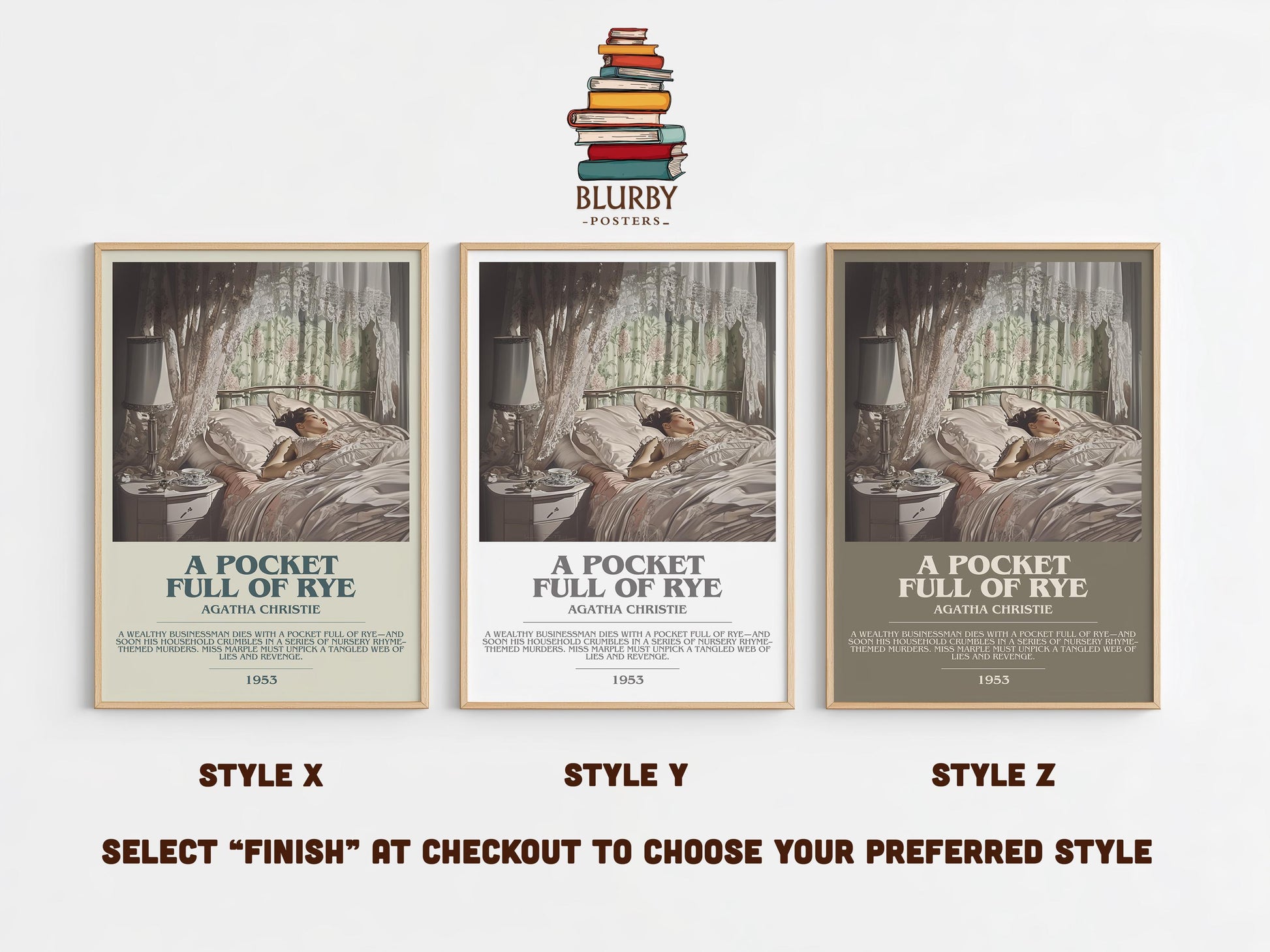 A Pocket Full of Rye bookish poster colour and style options – Agatha Christie book art
