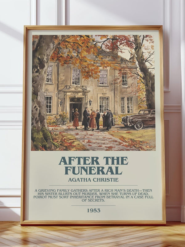After the Funeral bookish print in frame leaning in hallway – mystery wall art