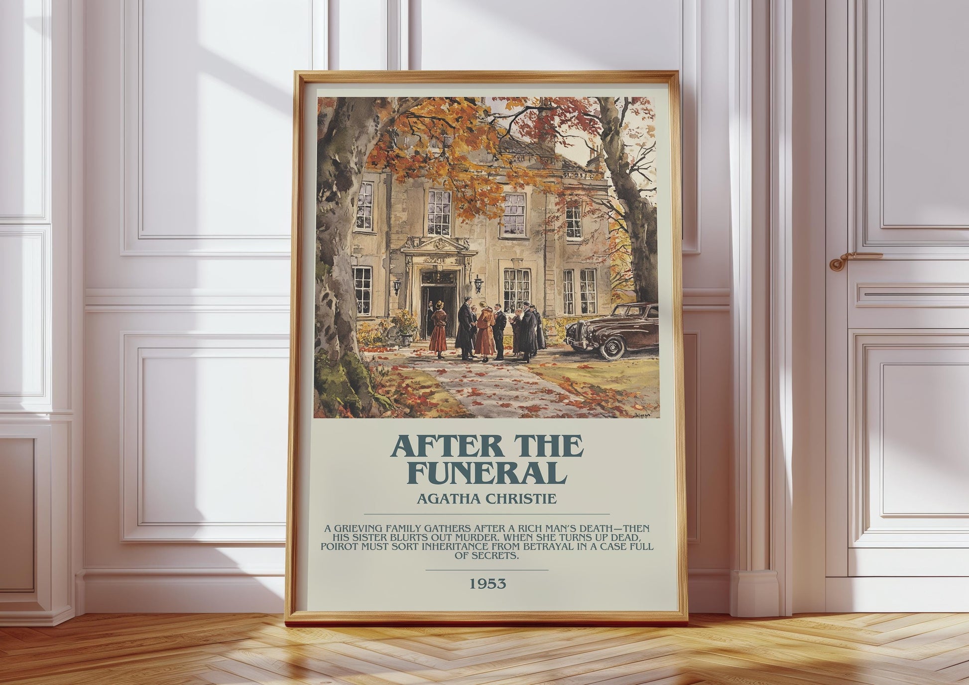 After the Funeral bookish print in frame leaning in hallway – mystery wall art