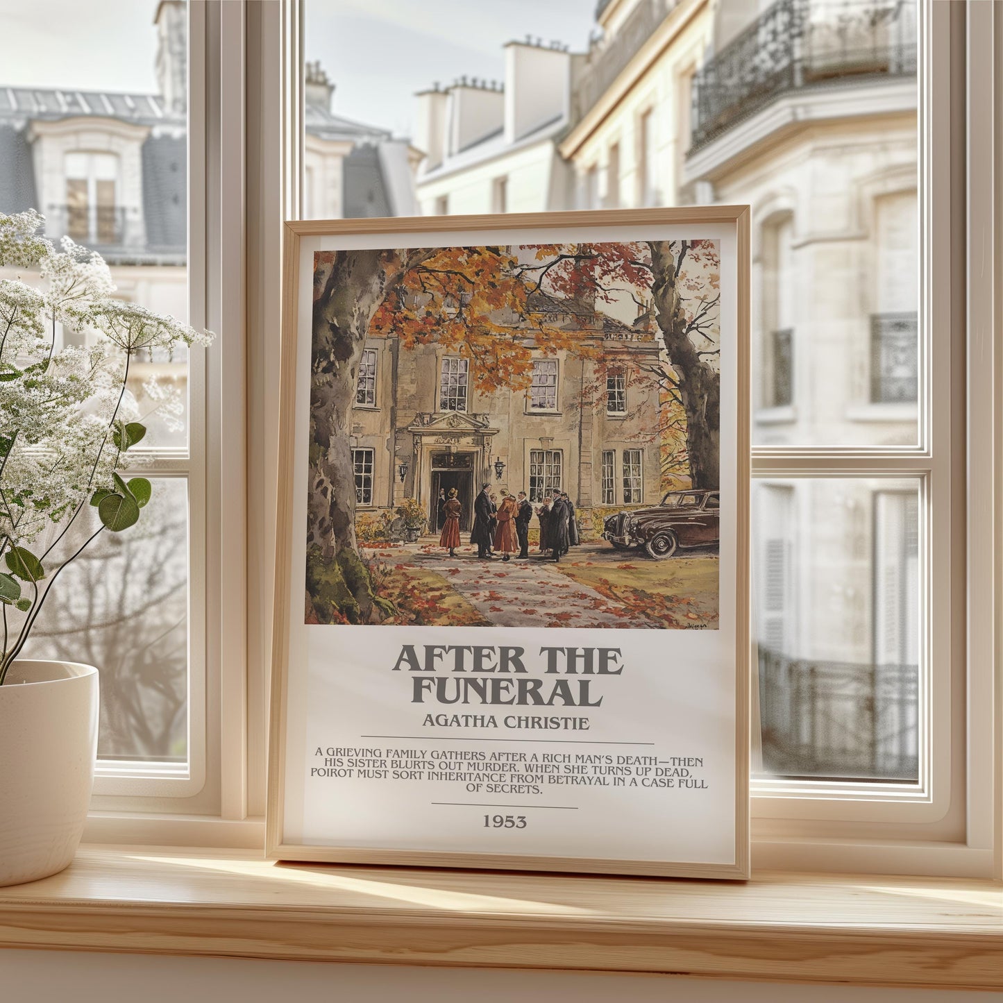 After the Funeral bookish print framed by window – literary home decor