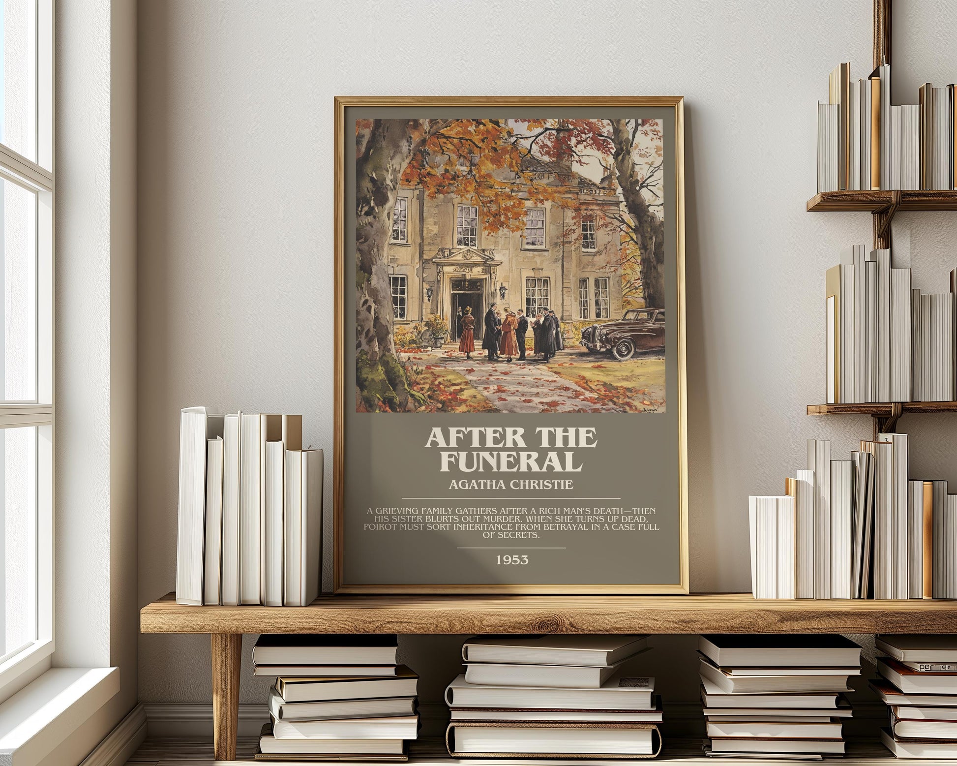 After the Funeral bookish print on bookshelf – Agatha Christie fan gift