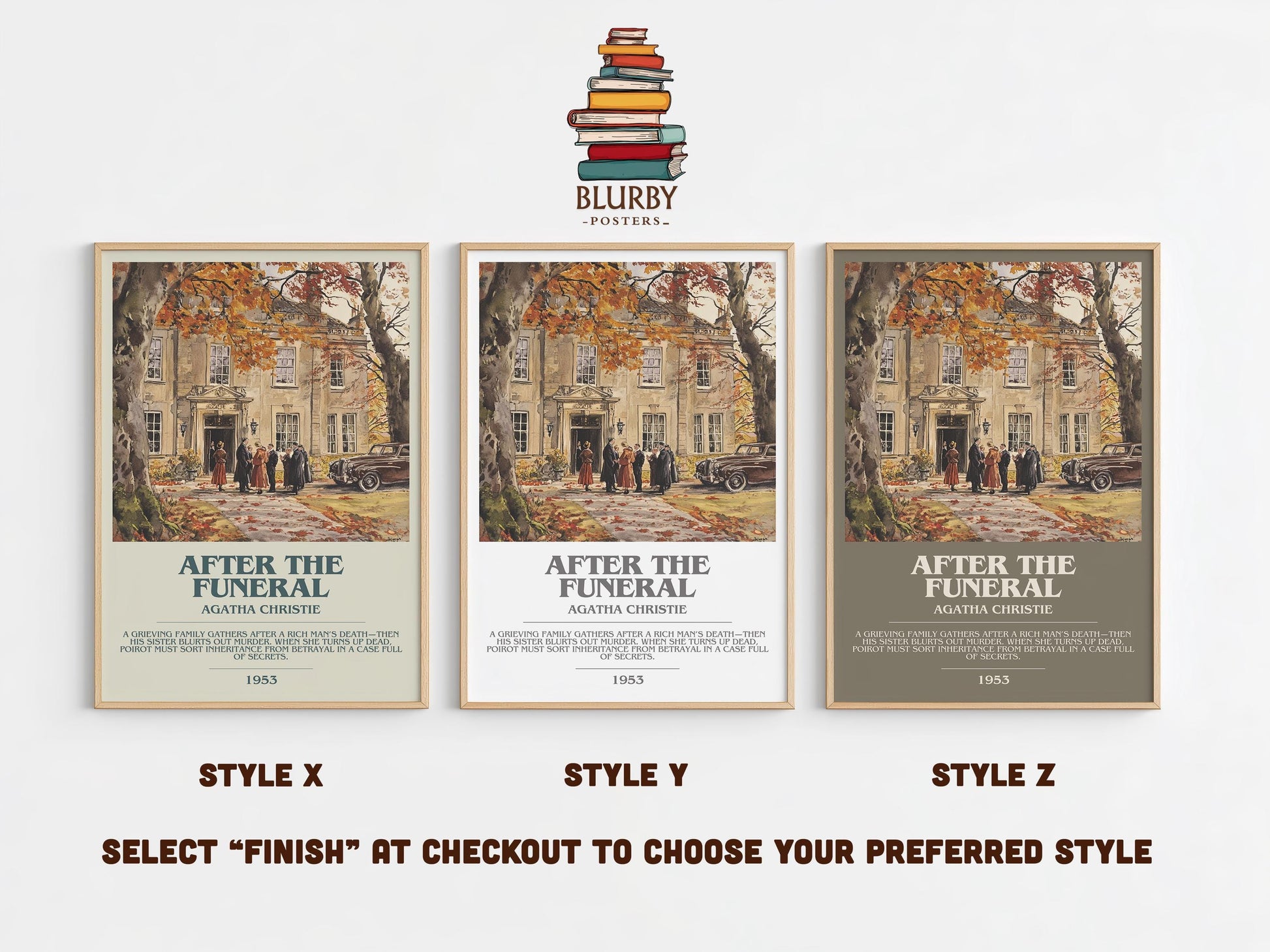 After the Funeral bookish poster colour and style options – Agatha Christie book art