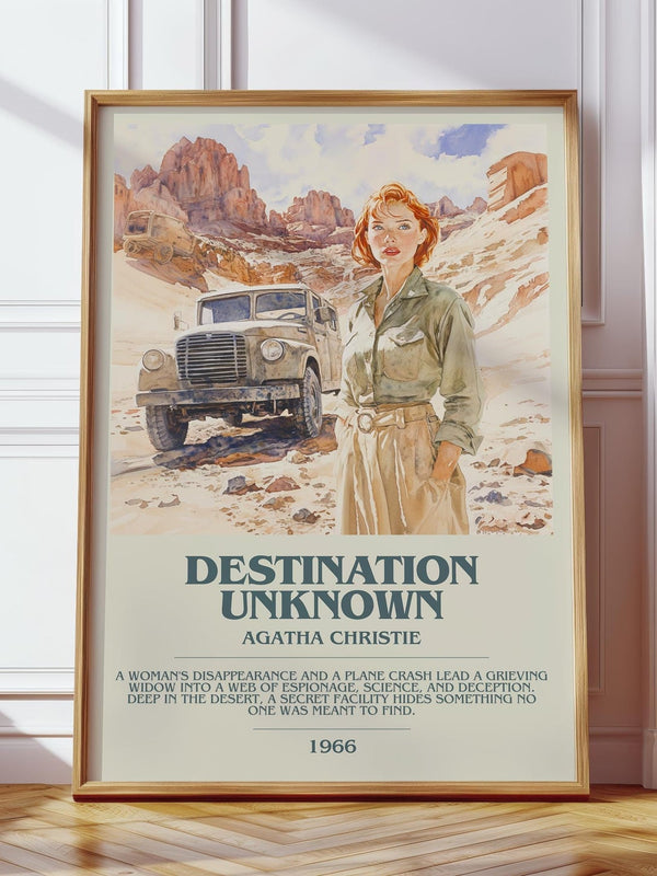 Destination Unknown bookish print in frame leaning in hallway – mystery wall art
