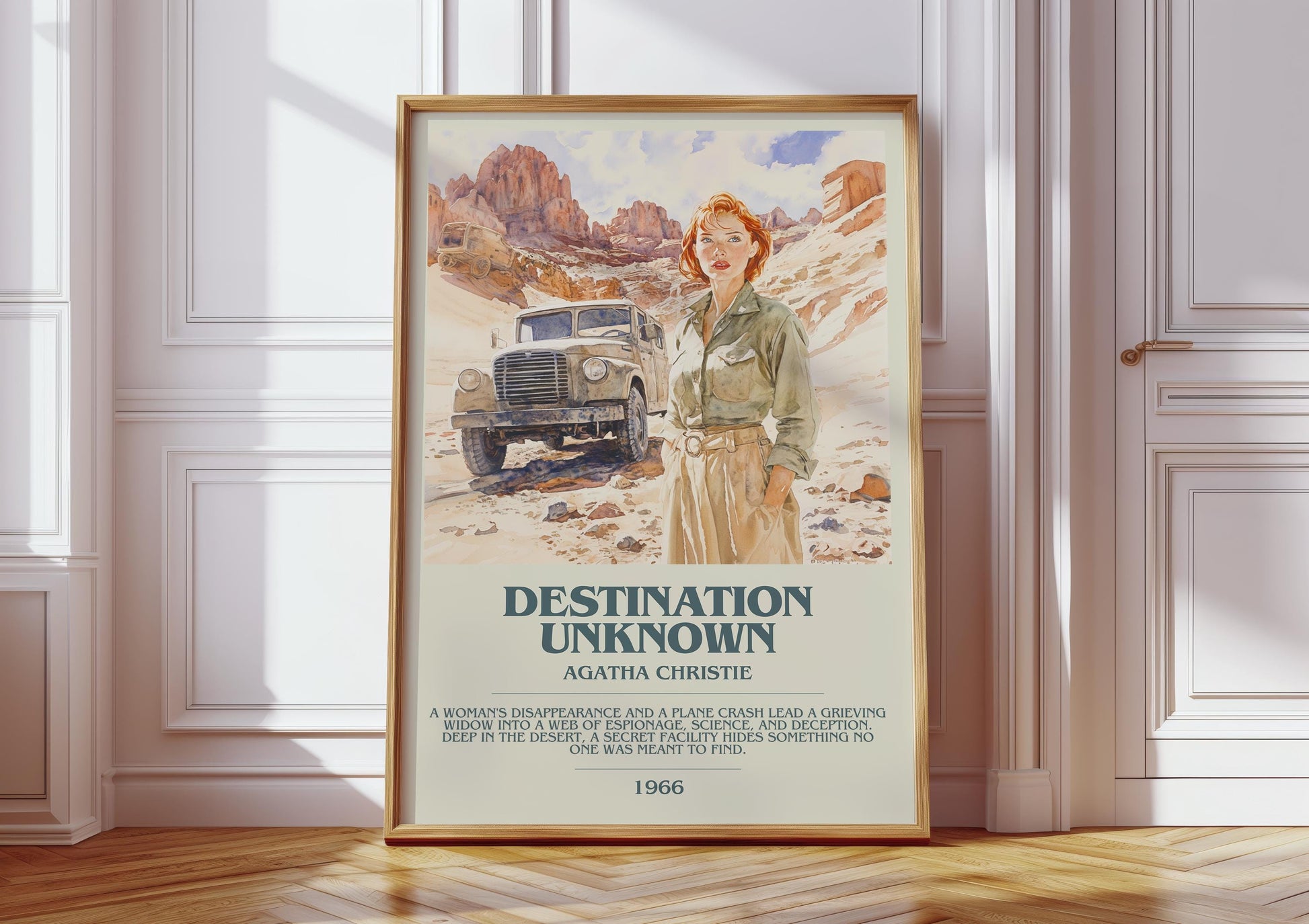 Destination Unknown bookish print in frame leaning in hallway – mystery wall art