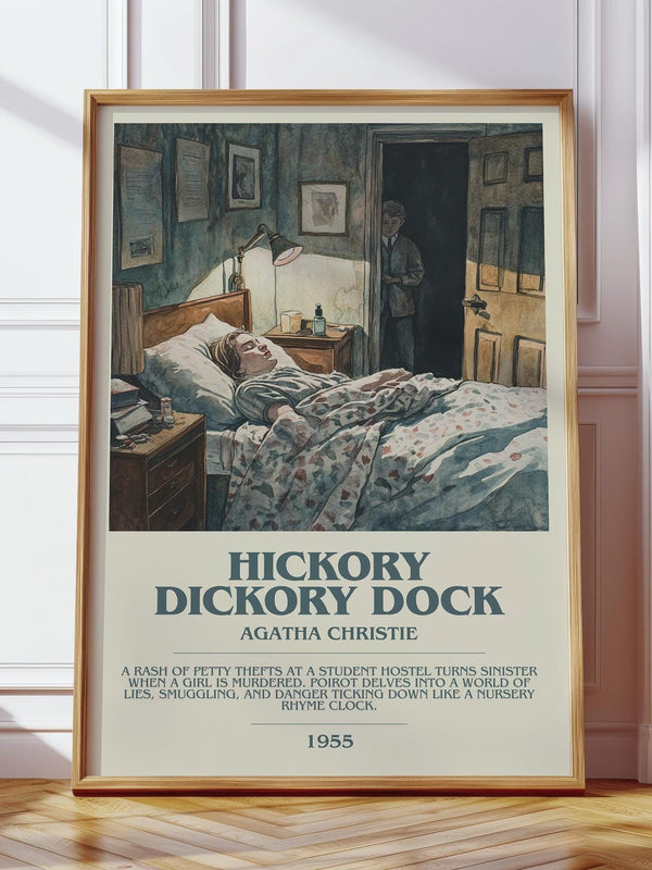 Hickory Dickory Dock bookish print in frame leaning in hallway – mystery wall art