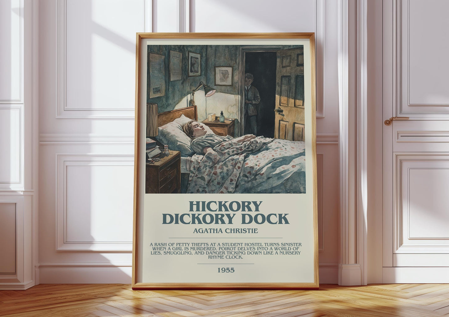 Hickory Dickory Dock bookish print in frame leaning in hallway – mystery wall art