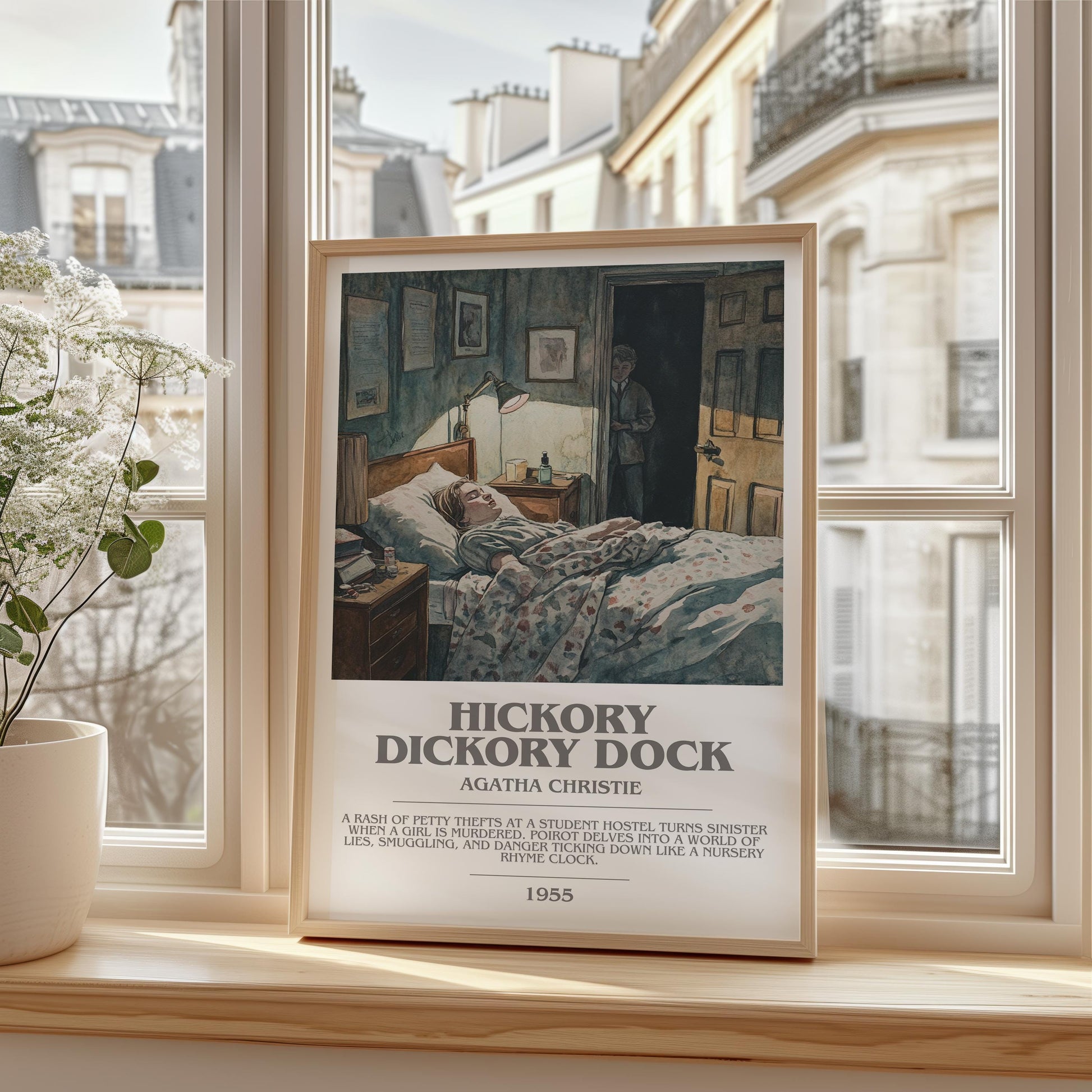 Hickory Dickory Dock bookish print framed by window – literary home decor