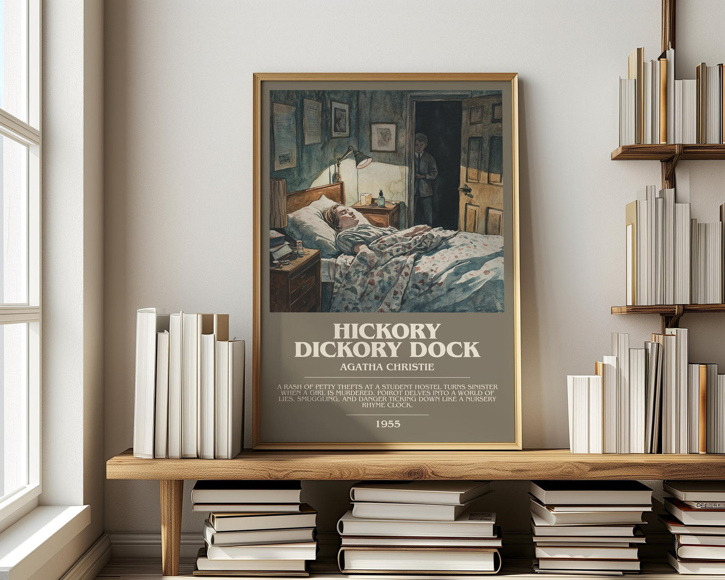 Hickory Dickory Dock bookish print on bookshelf – Agatha Christie fan gift