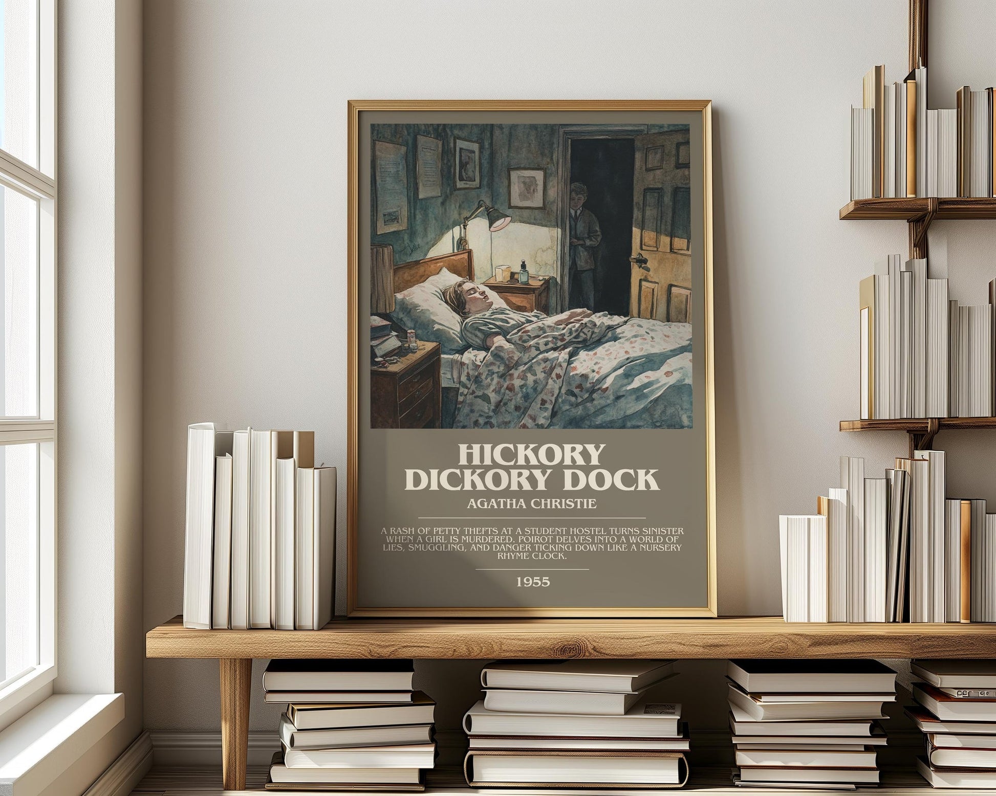 Hickory Dickory Dock bookish print on bookshelf – Agatha Christie fan gift