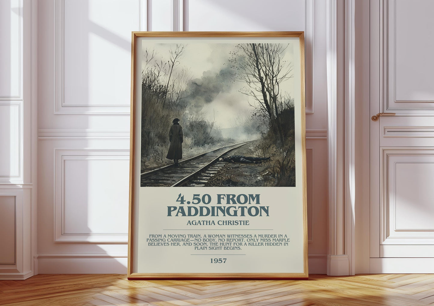 4.50 from Paddington bookish print in frame leaning in hallway – mystery wall art