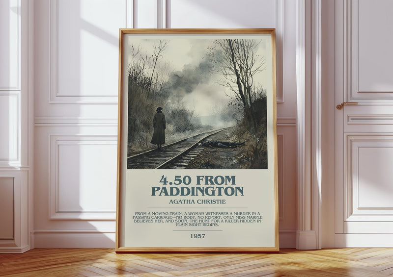 4.50 from Paddington bookish print in frame leaning in hallway – mystery wall art