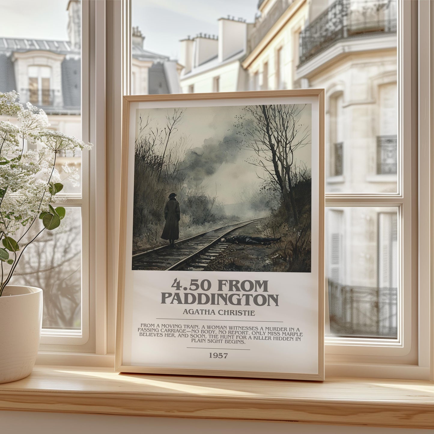 4.50 from Paddington bookish print framed by window – literary home decor