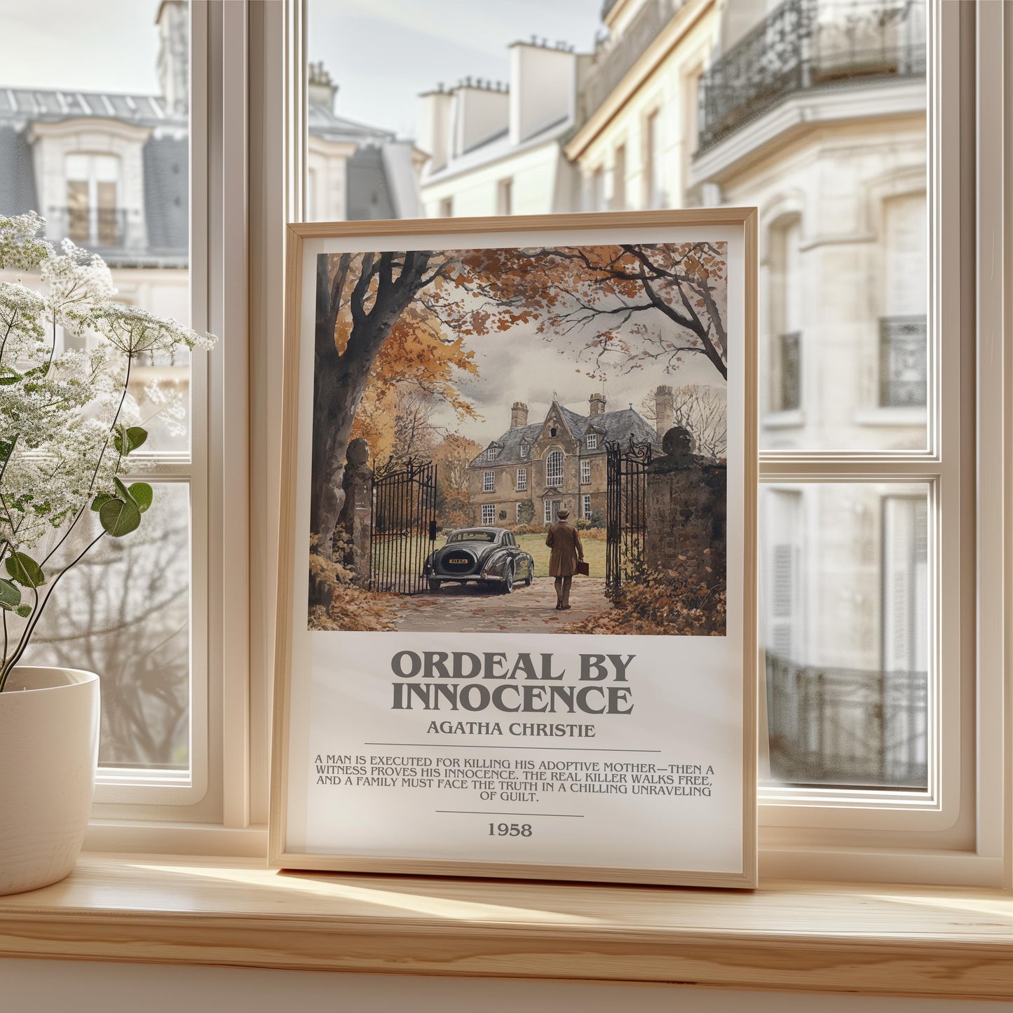 Ordeal by Innocence bookish print framed by window – literary home decor