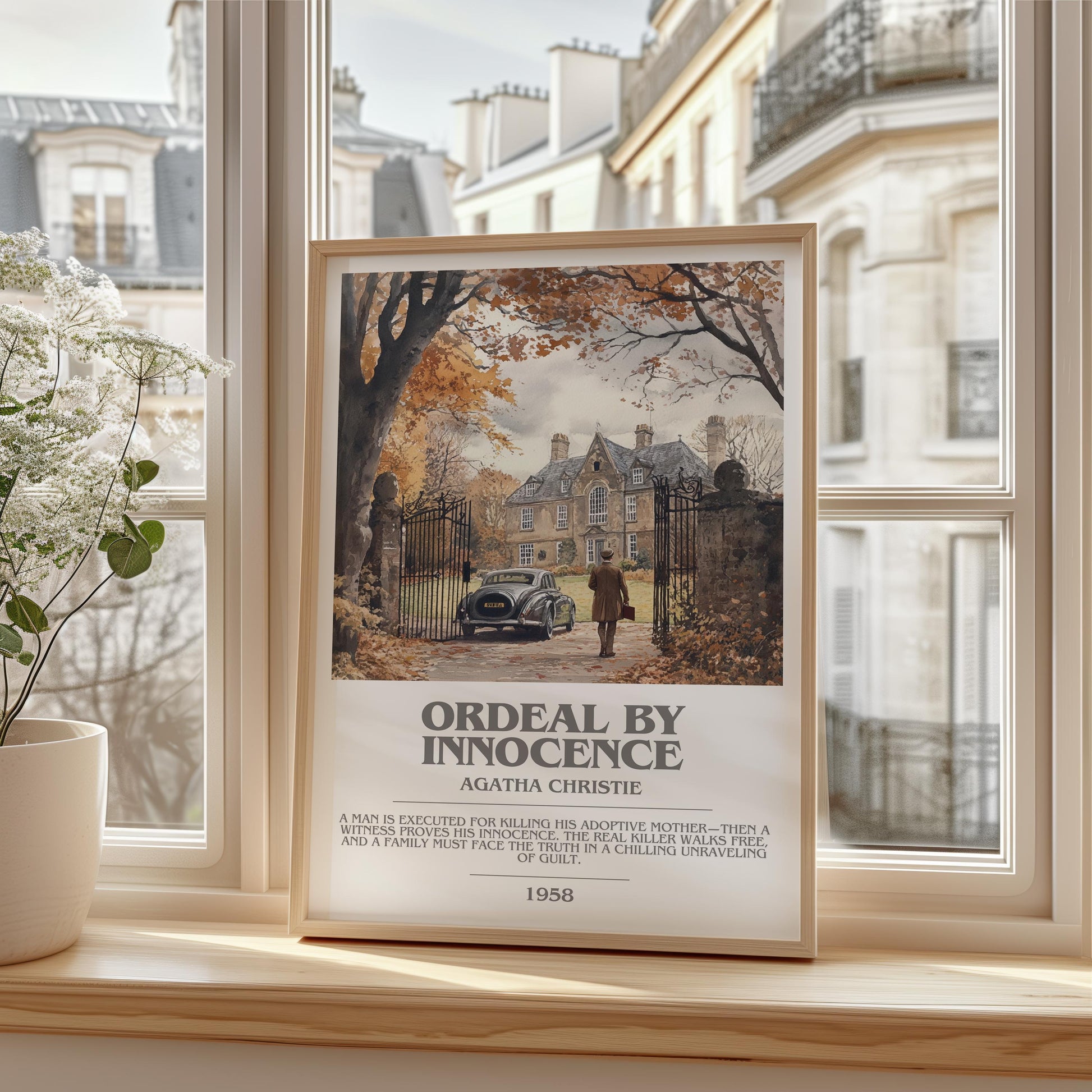 Ordeal by Innocence bookish print framed by window – literary home decor