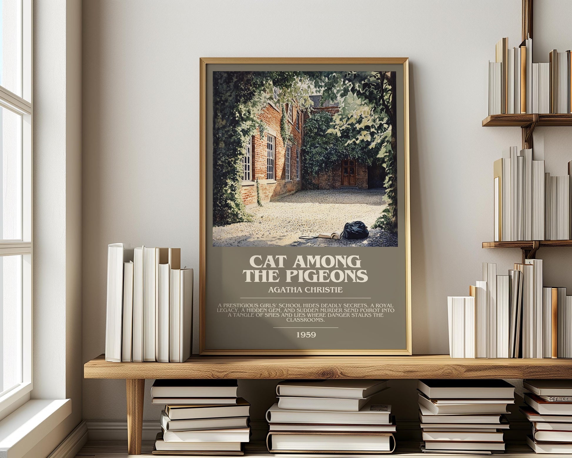 Cat Among the Pigeons bookish print on bookshelf – Agatha Christie fan gift
