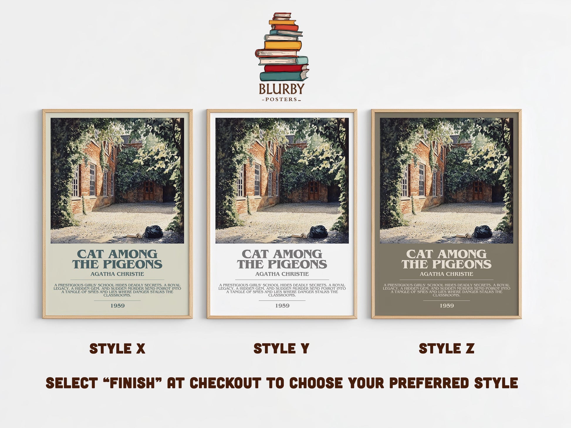 Cat Among the Pigeons bookish poster colour and style options – Agatha Christie book art