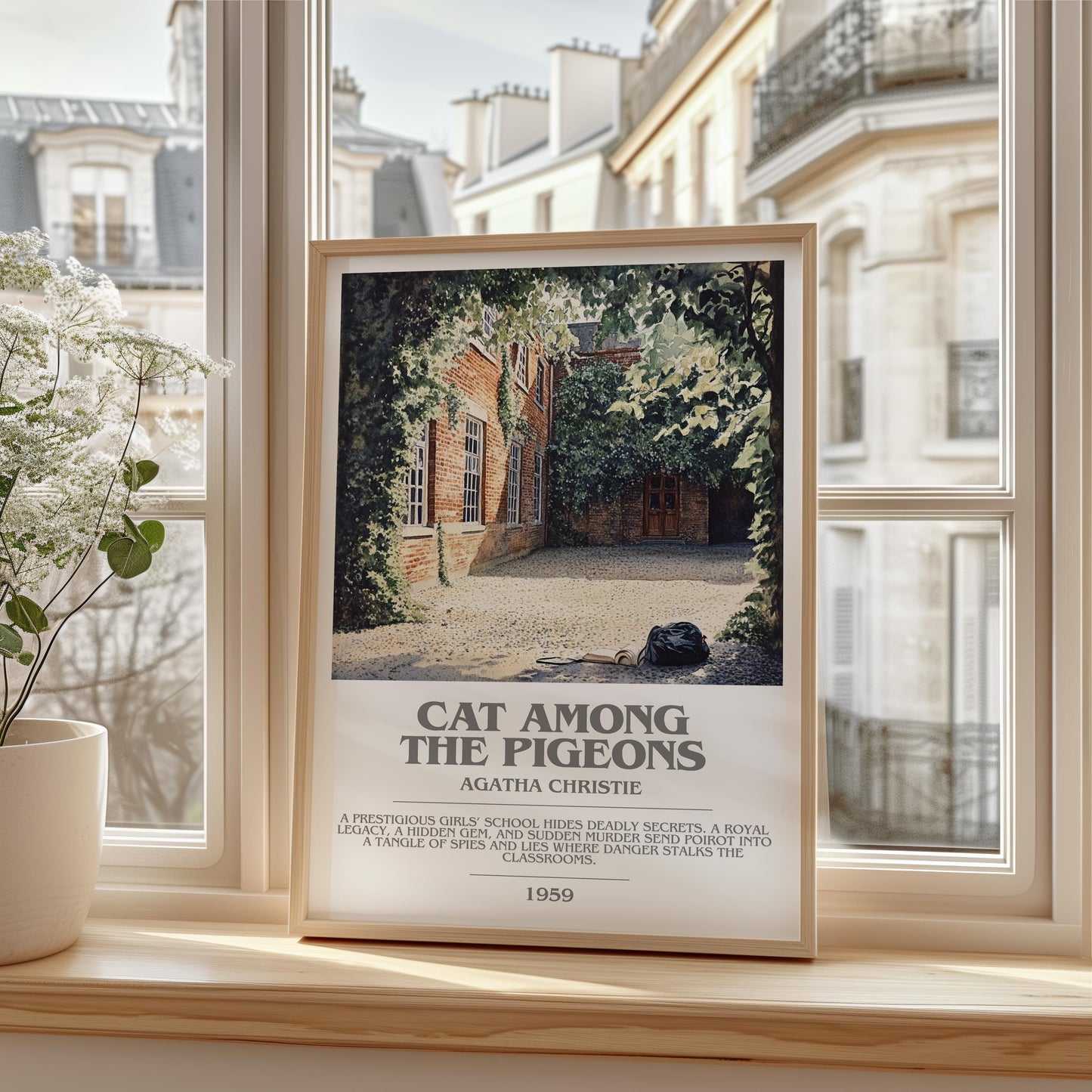 Cat Among the Pigeons bookish print framed by window – literary home decor