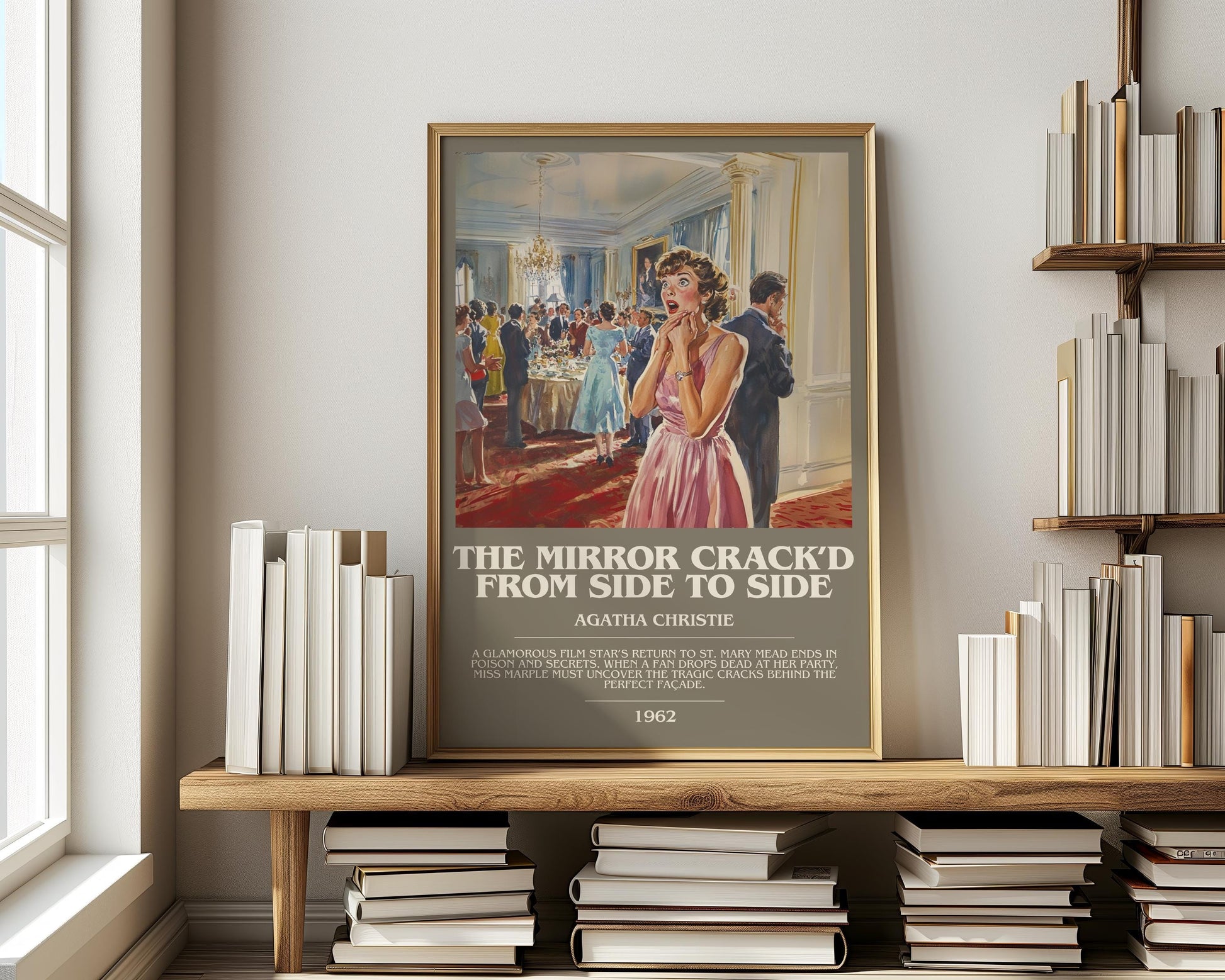 The Mirror Crack'd from Side to Side bookish print on bookshelf – Agatha Christie fan gift