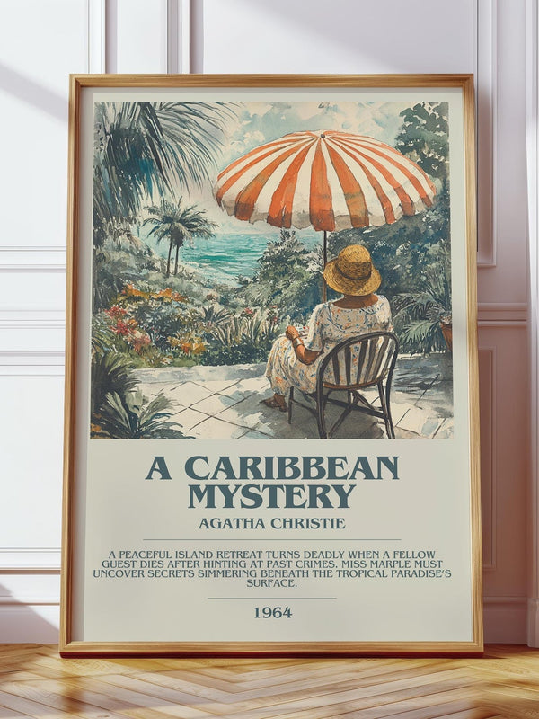 A Caribbean Mystery bookish print in frame leaning in hallway – historical fiction wall art