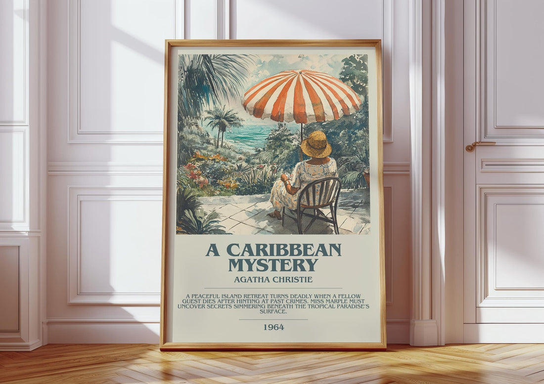 A Caribbean Mystery bookish print in frame leaning in hallway – historical fiction wall art (mockup)