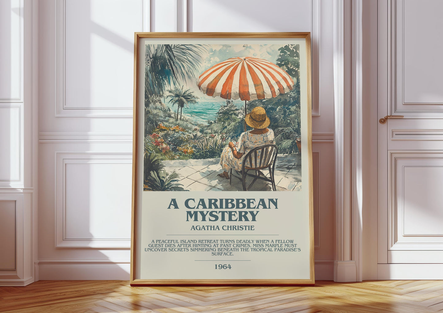 A Caribbean Mystery bookish print in frame leaning in hallway – historical fiction wall art