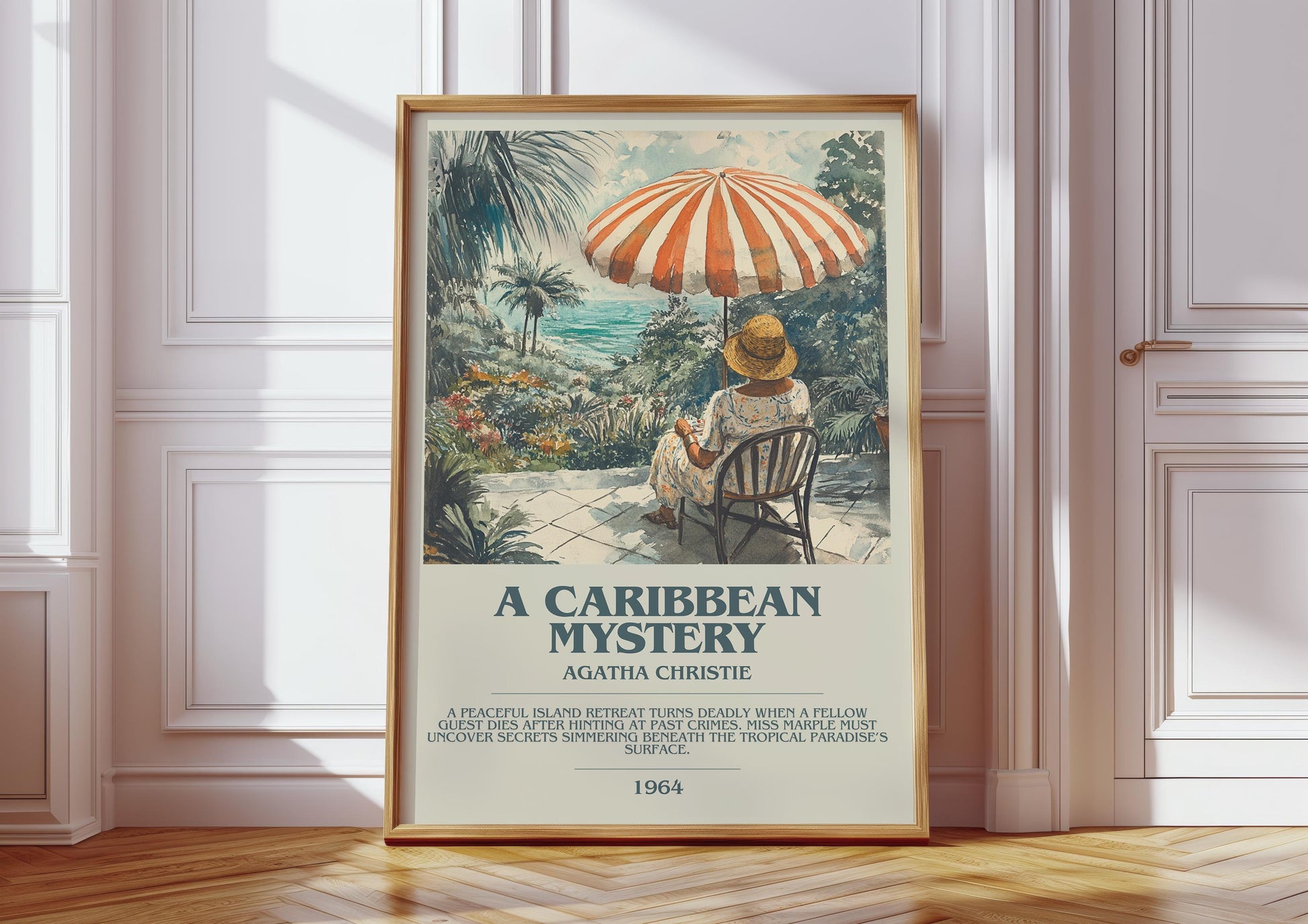 A Caribbean Mystery bookish print in frame leaning in hallway – historical fiction wall art